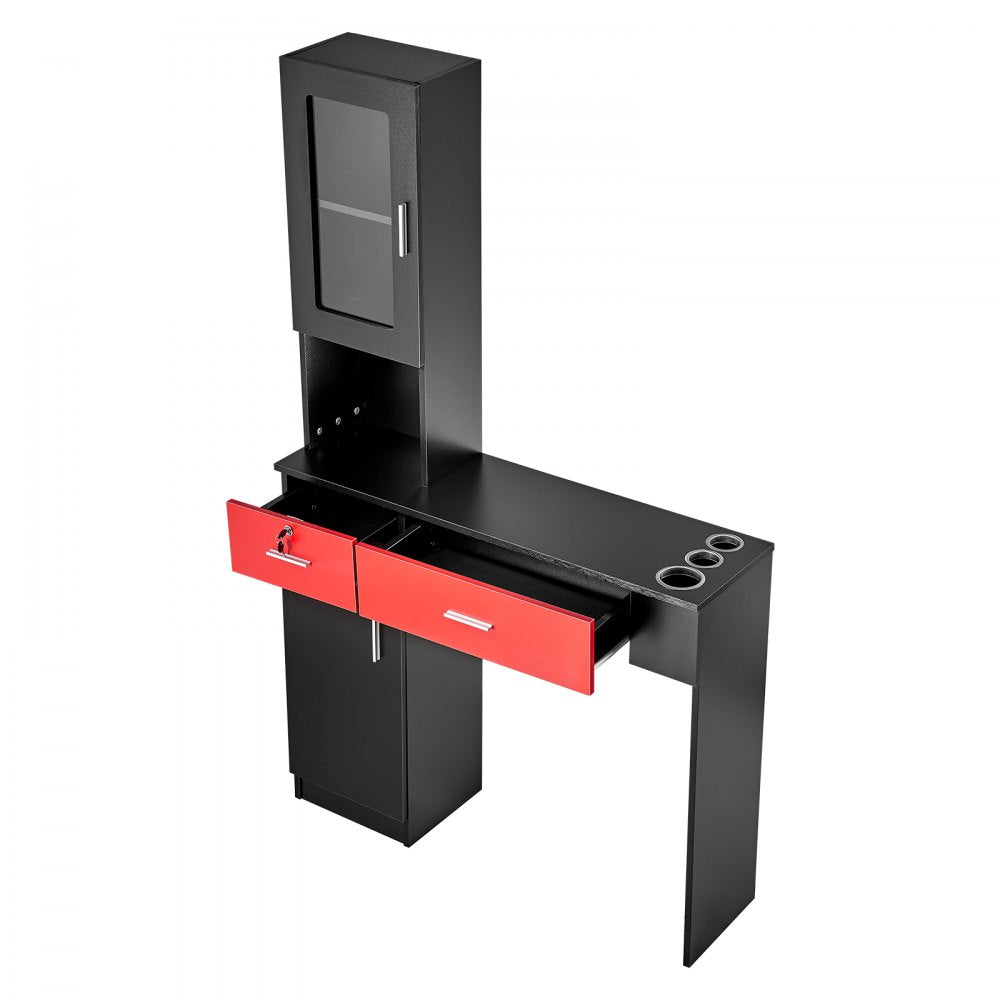 VEVOR Salon Station, Wall Mount Barber Salon Station for Hair Stylist, Beauty Spa Furniture Set, 1 Storage Cabinet, 3 Cubbies and 2 Drawers(One Lockable), Black and Red 