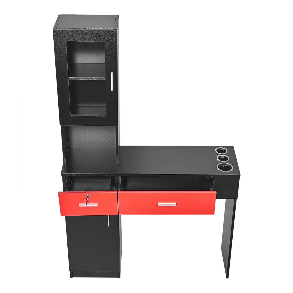 VEVOR Salon Station, Wall Mount Barber Salon Station for Hair Stylist, Beauty Spa Furniture Set, 1 Storage Cabinet, 3 Cubbies and 2 Drawers(One Lockable), Black and Red 