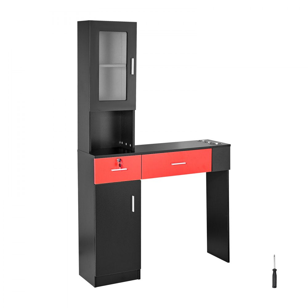 VEVOR Salon Station, Wall Mount Barber Salon Station for Hair Stylist, Beauty Spa Furniture Set, 1 Storage Cabinet, 3 Cubbies and 2 Drawers(One Lockable), Black and Red 