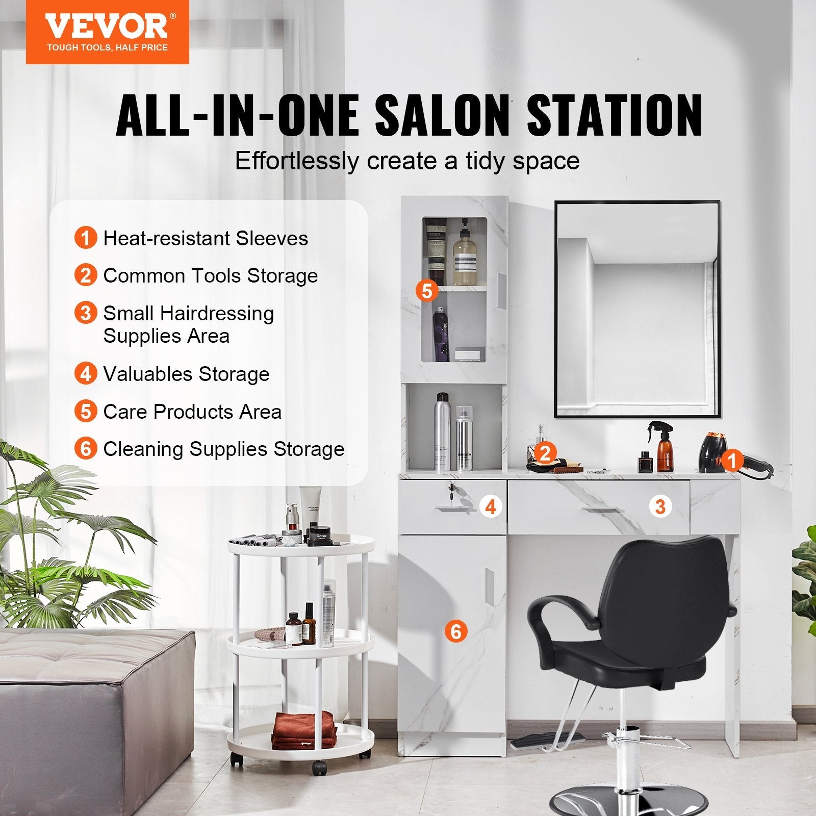 VEVOR Salon Station, Wall Mount Barber Salon Station for Hair Stylist, Beauty Spa Furniture Set, 1 Storage Cabinet, 3 Cubbies and 2 Drawers(One Lockable), White 