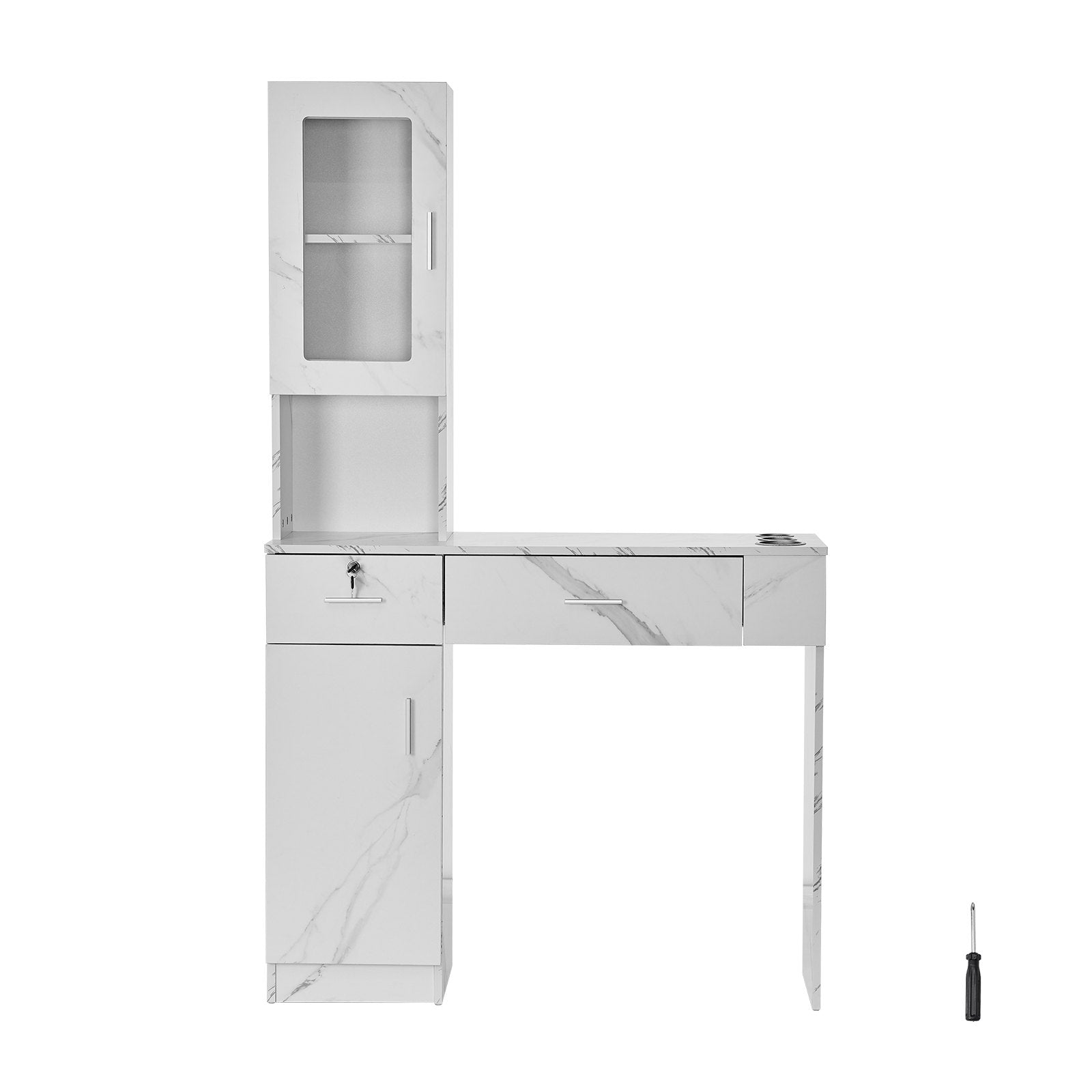 VEVOR Salon Station, Wall Mount Barber Salon Station for Hair Stylist, Beauty Spa Furniture Set, 1 Storage Cabinet, 3 Cubbies and 2 Drawers(One Lockable), White 