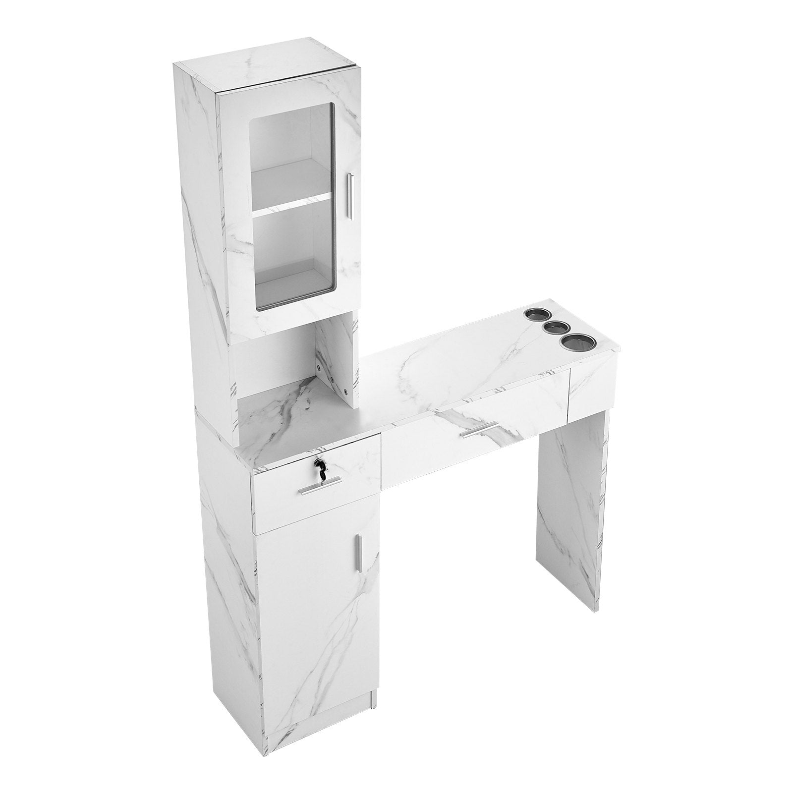 VEVOR Salon Station, Wall Mount Barber Salon Station for Hair Stylist, Beauty Spa Furniture Set, 1 Storage Cabinet, 3 Cubbies and 2 Drawers(One Lockable), White 