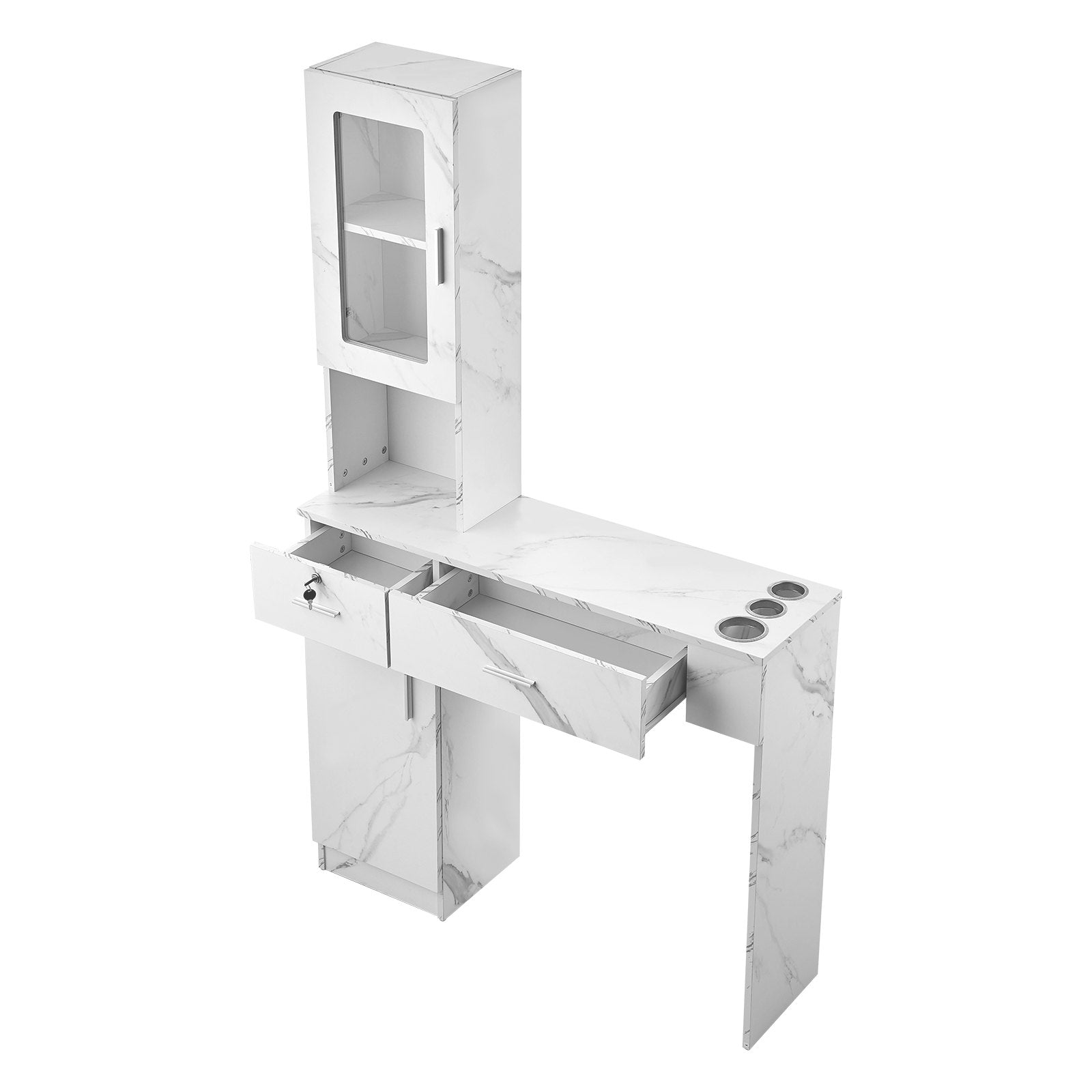 VEVOR Salon Station, Wall Mount Barber Salon Station for Hair Stylist, Beauty Spa Furniture Set, 1 Storage Cabinet, 3 Cubbies and 2 Drawers(One Lockable), White 