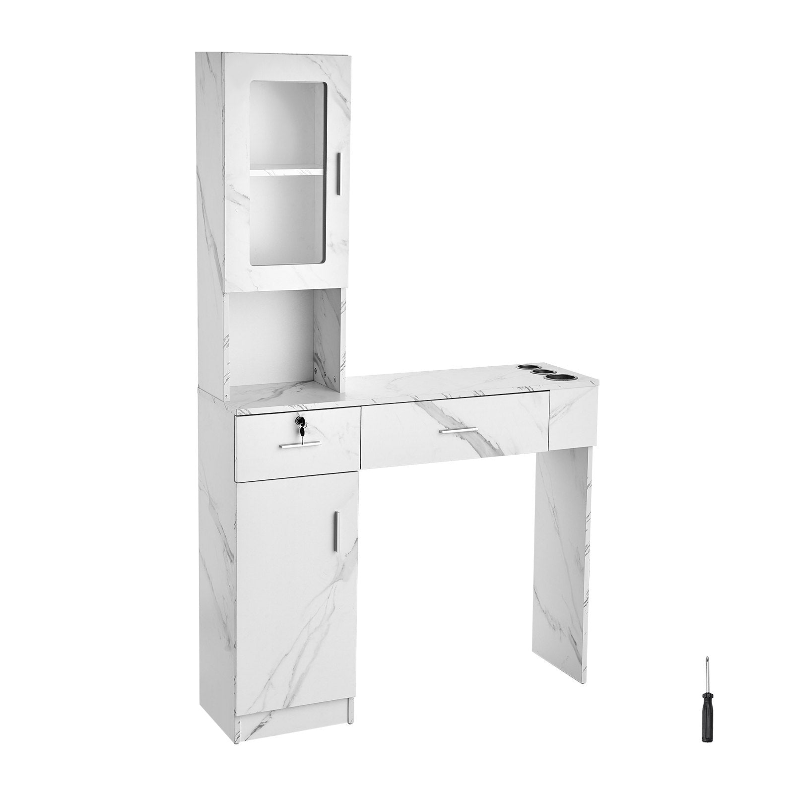 VEVOR Salon Station, Wall Mount Barber Salon Station for Hair Stylist, Beauty Spa Furniture Set, 1 Storage Cabinet, 3 Cubbies and 2 Drawers(One Lockable), White 