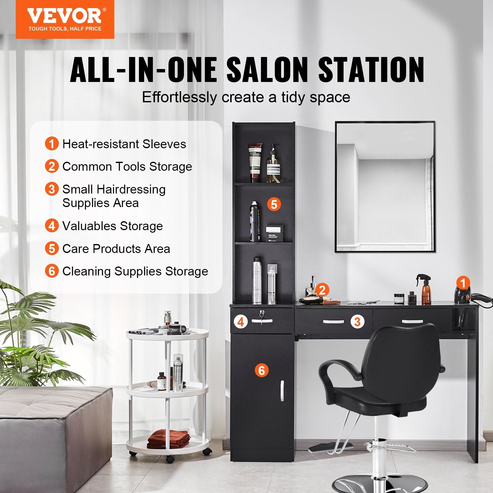 VEVOR Salon Station, Wall Mount Barber Salon Station for Hair Stylist, Beauty Spa Furniture Set, 1 Storage Cabinet, 3 Open Cubbies and 3 Drawers(One Lockable), Black 