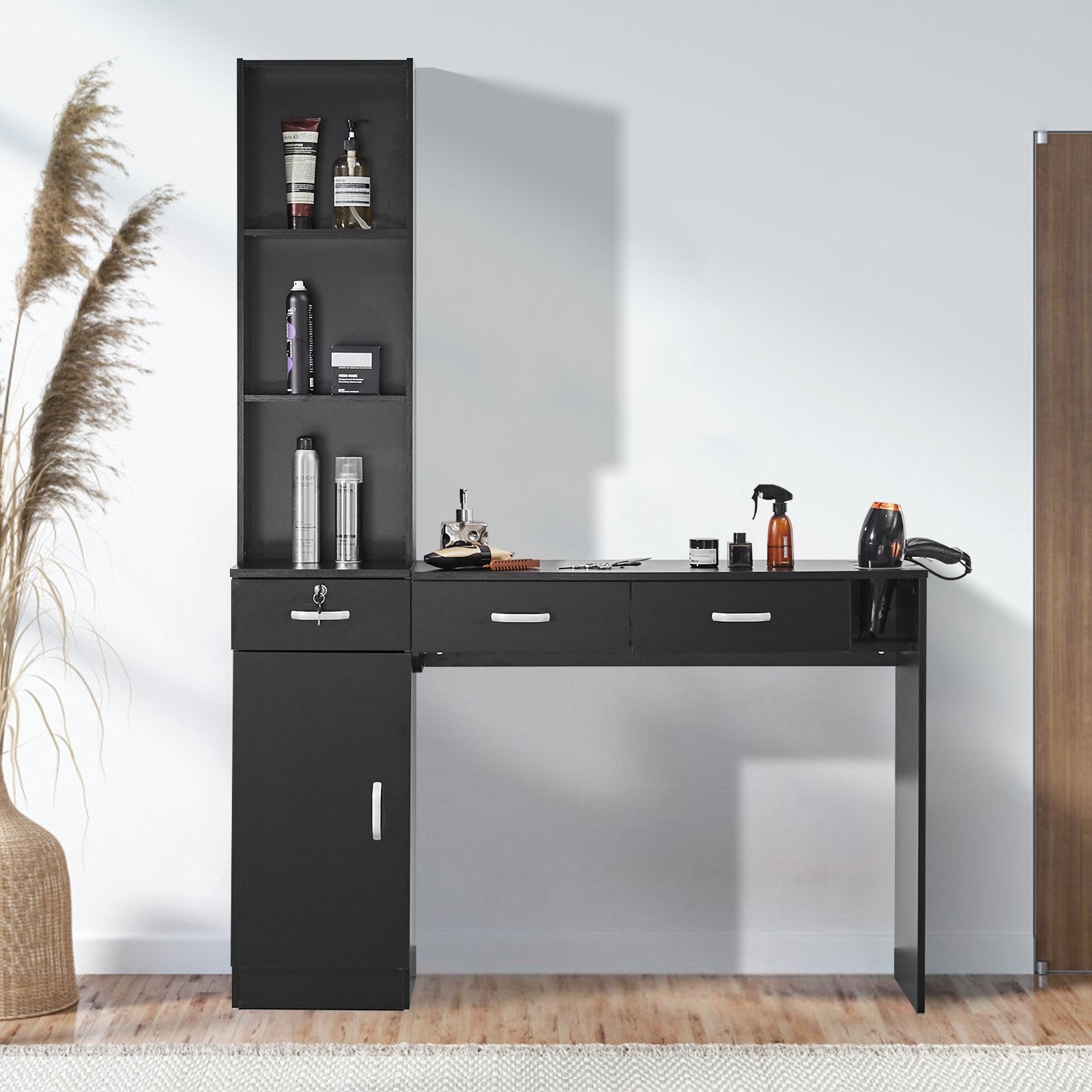 VEVOR Salon Station, Wall Mount Barber Salon Station for Hair Stylist, Beauty Spa Furniture Set, 1 Storage Cabinet, 3 Open Cubbies and 3 Drawers(One Lockable), Black 