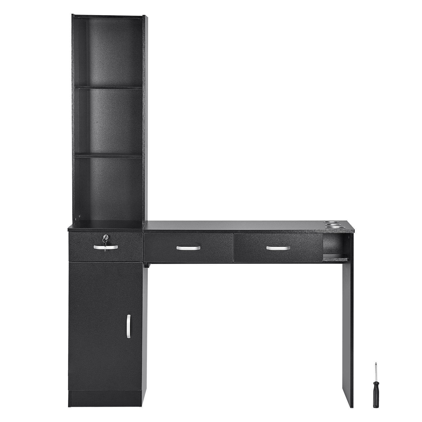 VEVOR Salon Station, Wall Mount Barber Salon Station for Hair Stylist, Beauty Spa Furniture Set, 1 Storage Cabinet, 3 Open Cubbies and 3 Drawers(One Lockable), Black 