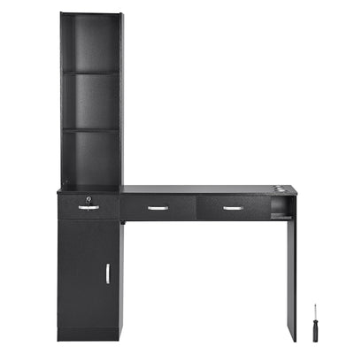 VEVOR Salon Station, Wall Mount Barber Salon Station for Hair Stylist, Beauty Spa Furniture Set, 1 Storage Cabinet, 3 Open Cubbies and 3 Drawers(One Lockable), Black 
