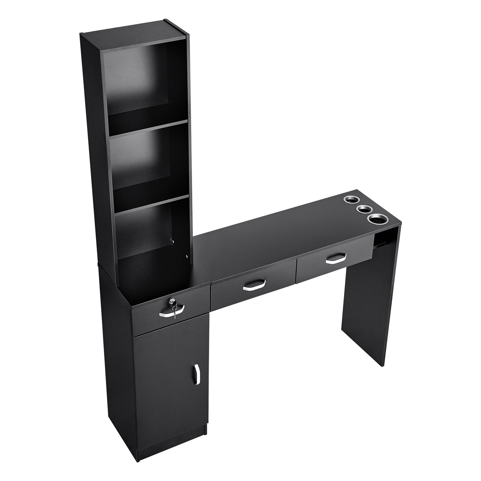 VEVOR Salon Station, Wall Mount Barber Salon Station for Hair Stylist, Beauty Spa Furniture Set, 1 Storage Cabinet, 3 Open Cubbies and 3 Drawers(One Lockable), Black 