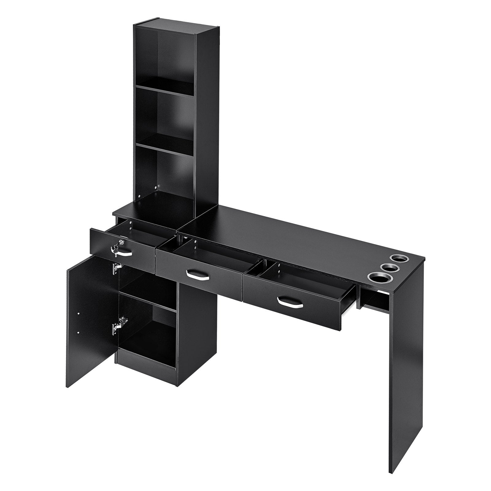 VEVOR Salon Station, Wall Mount Barber Salon Station for Hair Stylist, Beauty Spa Furniture Set, 1 Storage Cabinet, 3 Open Cubbies and 3 Drawers(One Lockable), Black 