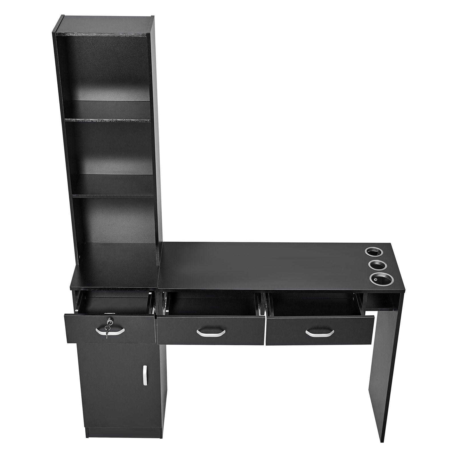 VEVOR Salon Station, Wall Mount Barber Salon Station for Hair Stylist, Beauty Spa Furniture Set, 1 Storage Cabinet, 3 Open Cubbies and 3 Drawers(One Lockable), Black 