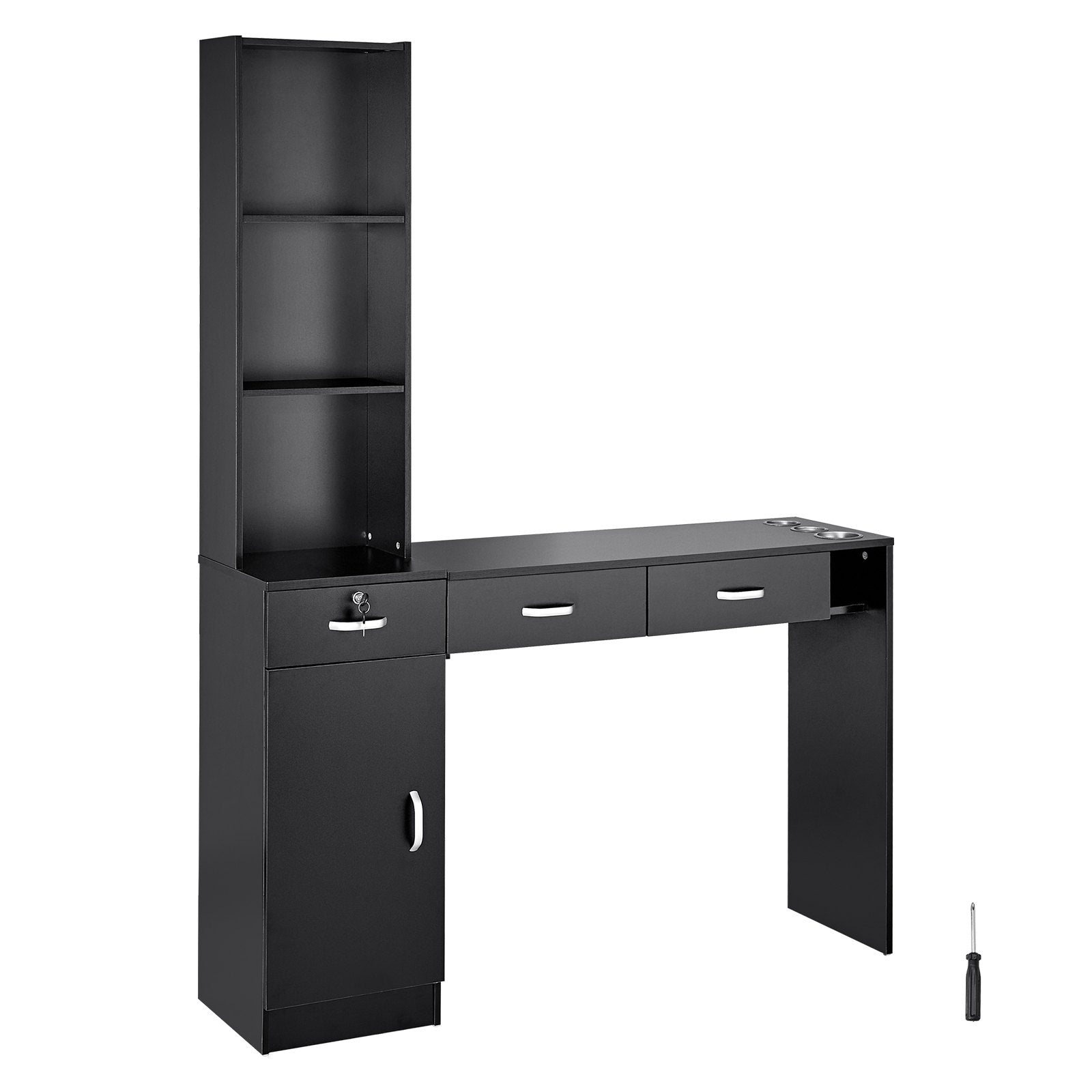 VEVOR Salon Station, Wall Mount Barber Salon Station for Hair Stylist, Beauty Spa Furniture Set, 1 Storage Cabinet, 3 Open Cubbies and 3 Drawers(One Lockable), Black 