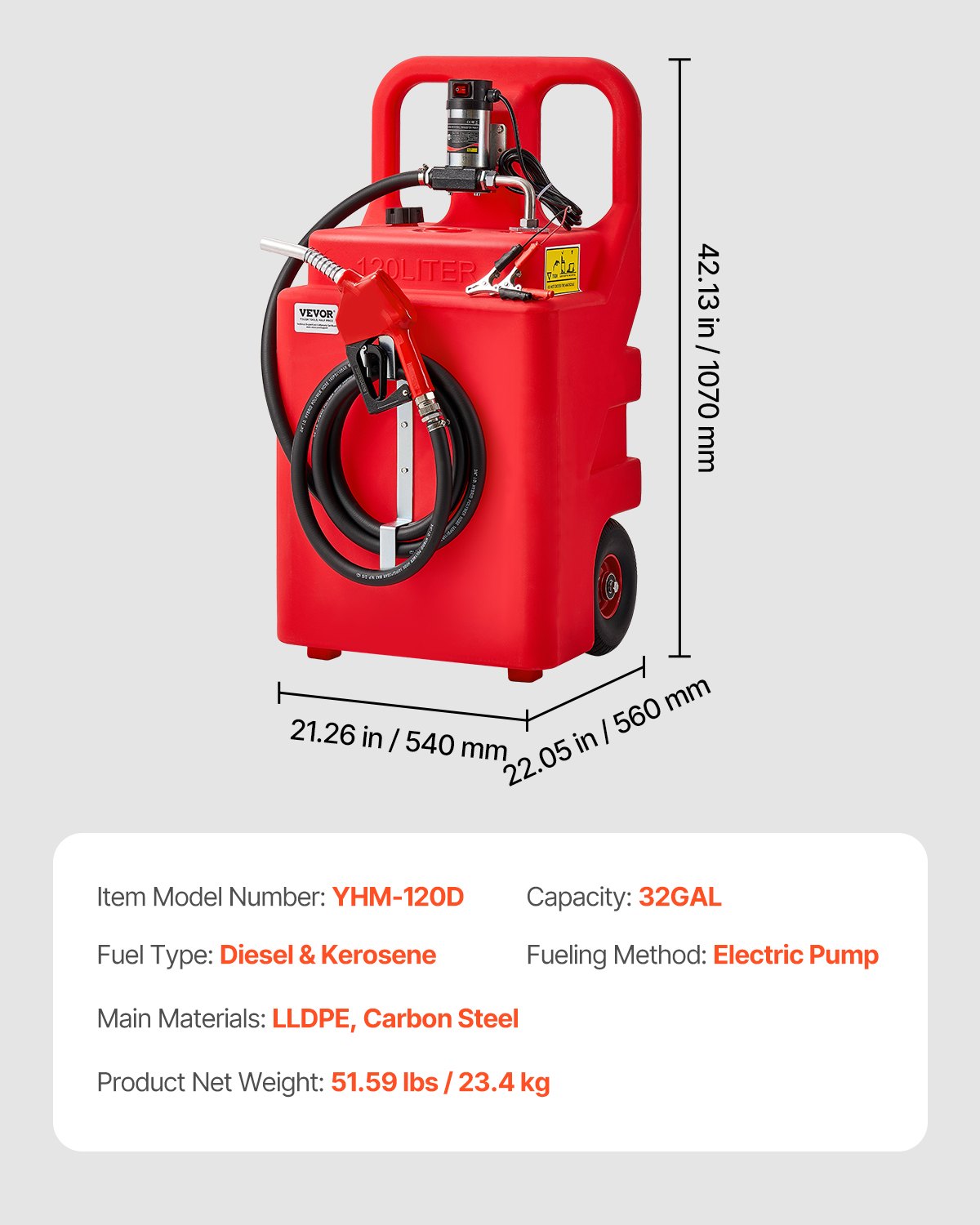 VEVOR Fuel Caddy 32 Gallon Portable Fuel Tank with 12V DC Electric Transfer Pump 