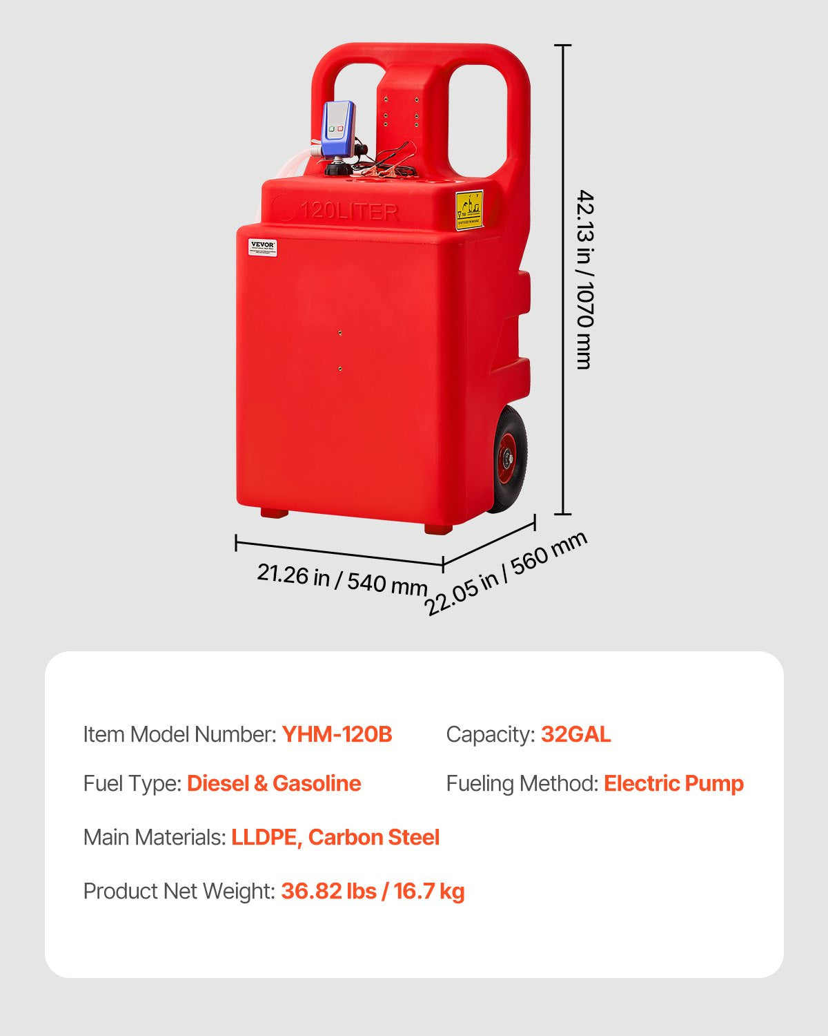 VEVOR Fuel Caddy 32 Gallon Fuel Tank with 12V DC 2.5 GPM Electric Transfer Pump 