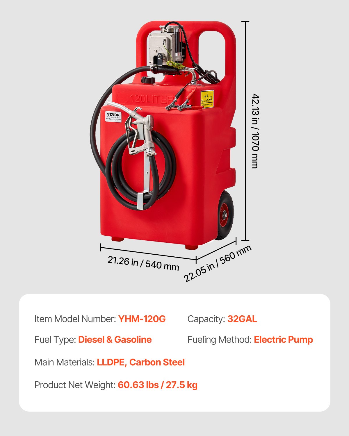 VEVOR Fuel Caddy 32 Gallon Fuel Tank with 12V DC 15 GPM Electric Transfer Pump 