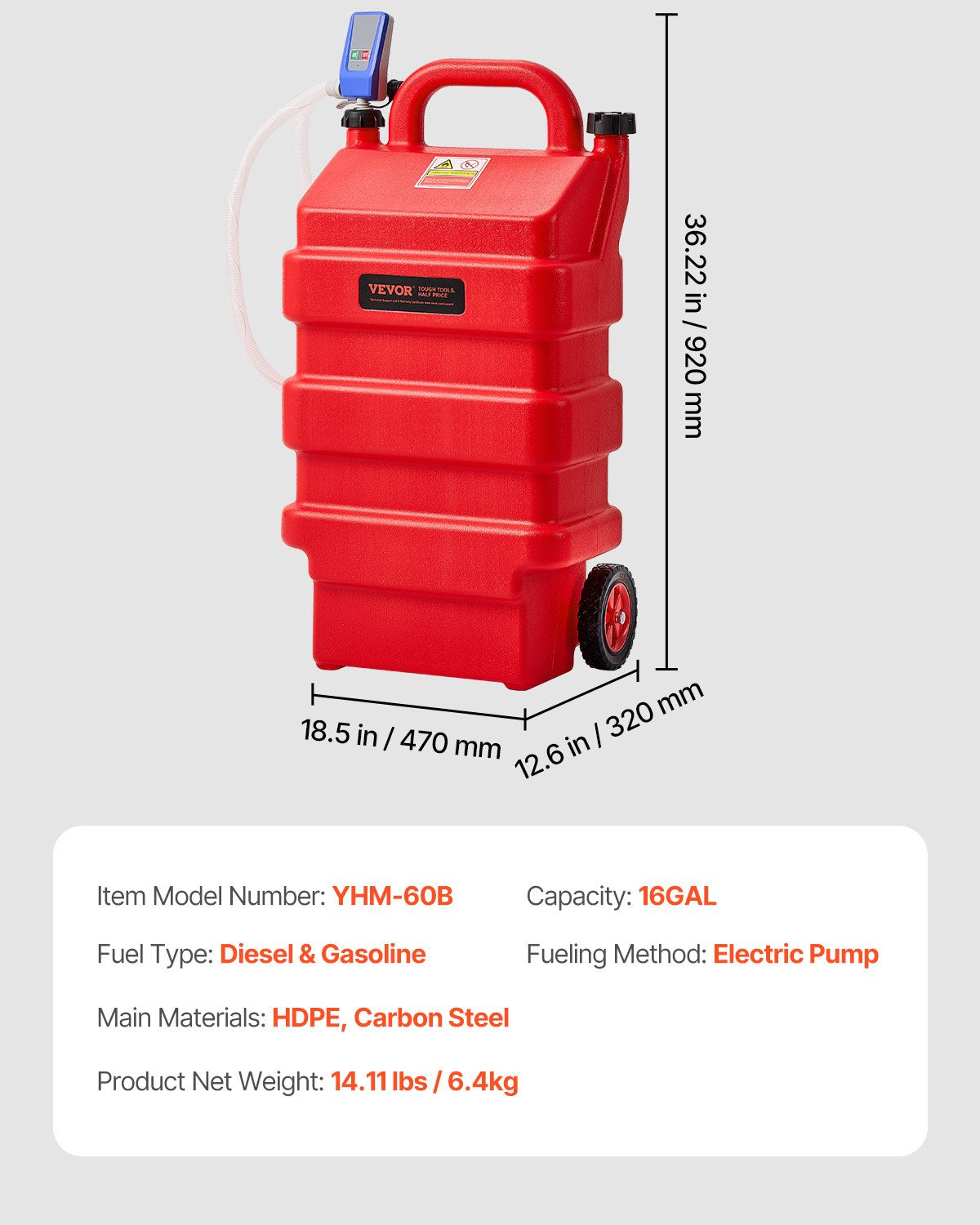 VEVOR Fuel Caddy 16 Gallon Portable Fuel Tank with 12V DC Electric Transfer Pump 
