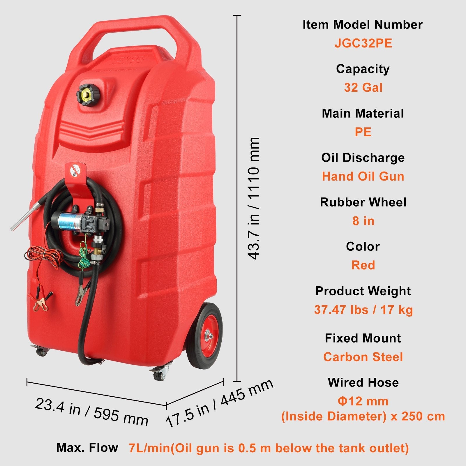 VEVOR Fuel Caddy, 32 Gallon, Portable Fuel Storage Tank On-Wheels, with 12V DC Transfer Pump, Gasoline Diesel Fuel Container with 8.2 ft Hose, Flow Rate 7L/min, for Trucks, Boats, Lawn Mowers 