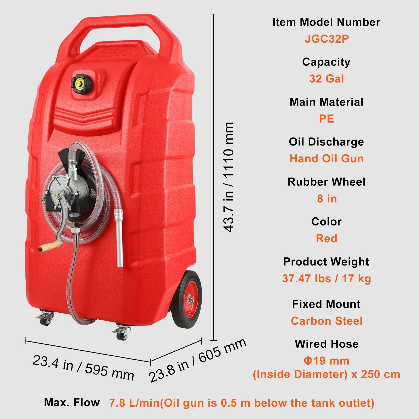 VEVOR Fuel Caddy, 32 Gallon, Portable Fuel Storage Tank On-Wheels, with Manual Transfer Pump, Gasoline Diesel Fuel Container for Cars, Lawn Mowers, ATVs, Boats, More, Red 