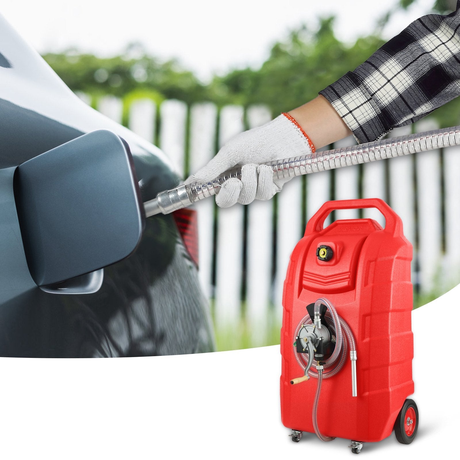 VEVOR Fuel Caddy, 32 Gallon, Portable Fuel Storage Tank On-Wheels, with Manual Transfer Pump, Gasoline Diesel Fuel Container for Cars, Lawn Mowers, ATVs, Boats, More, Red 