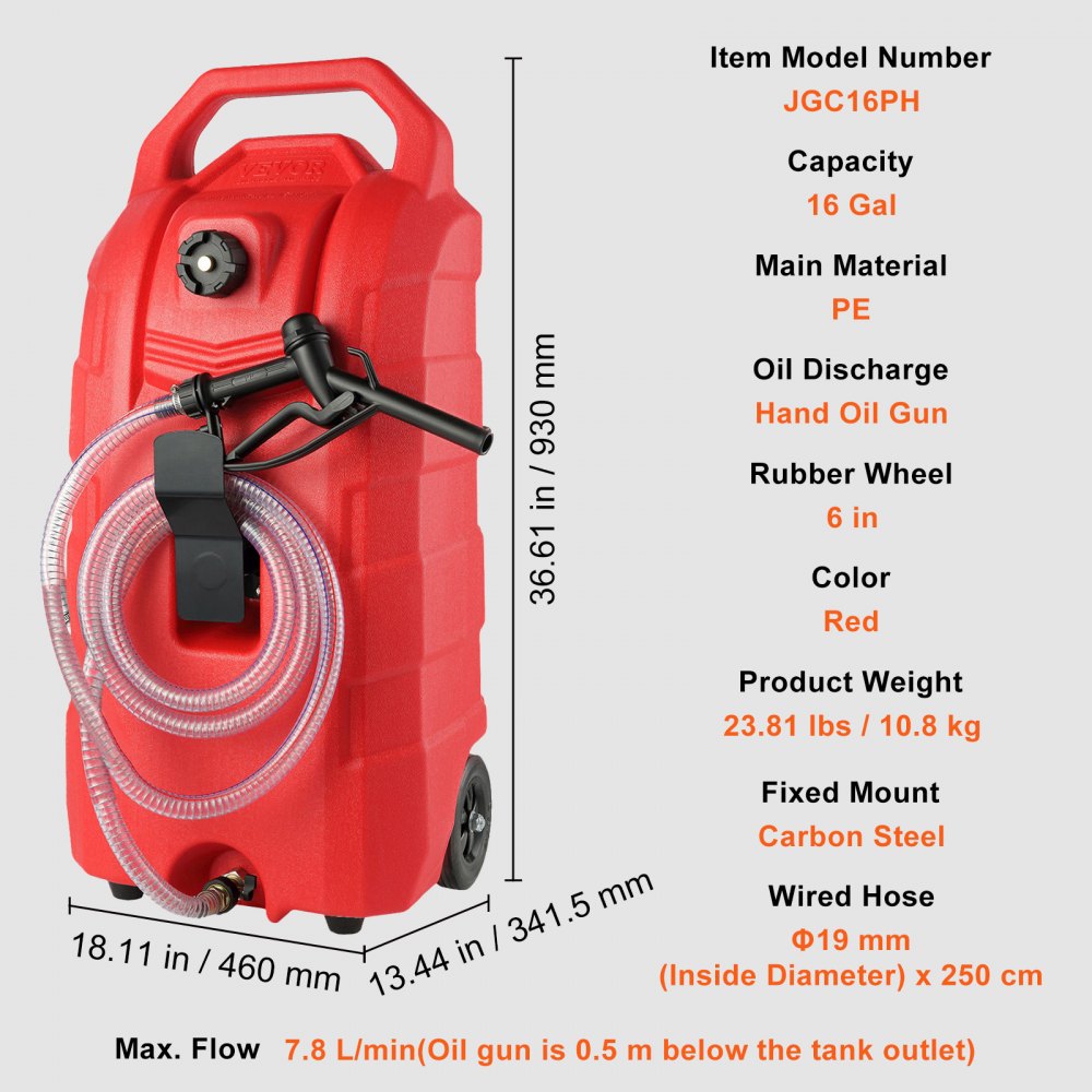 VEVOR 16 Gallon Fuel Caddy, 7.8 L/min, Portable Gas Storage Tank Container with Nozzle Rubber Wheels, Fuel Transfer Storage Tank for Gasoline Diesel Machine Oil Car Mowers Tractor Boat Motorcycle 