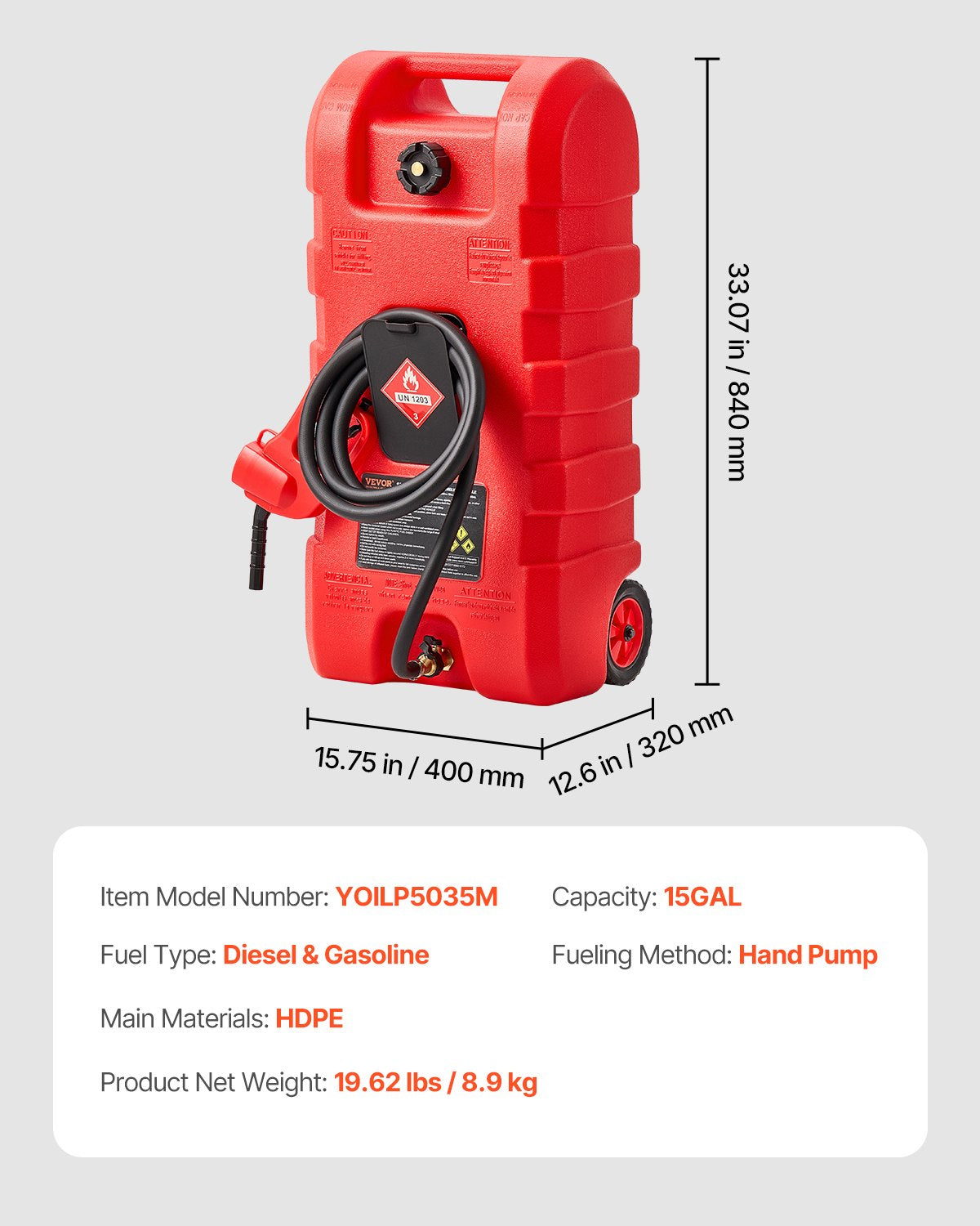 VEVOR Fuel Caddy 15 Gallon Portable Fuel Tank with Gravity & Hand Pump Modes 