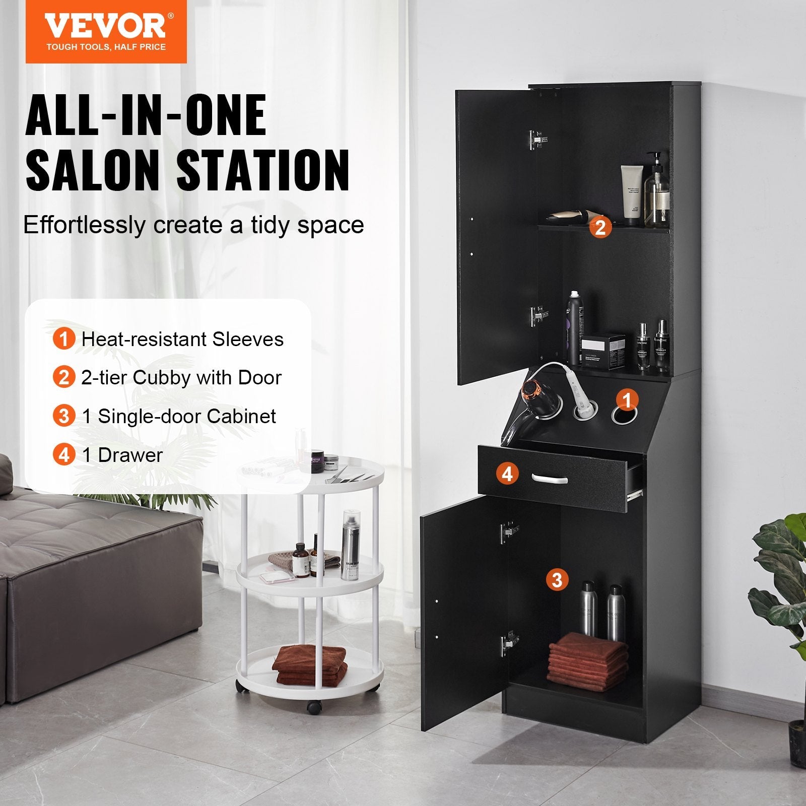 VEVOR Salon Storage Cabinet, Barber Salon Station for Hair Stylist, Hair Stylist Station Set, with 3 Hair Dryer Holders, Cabinets, and A Drawer, Black 