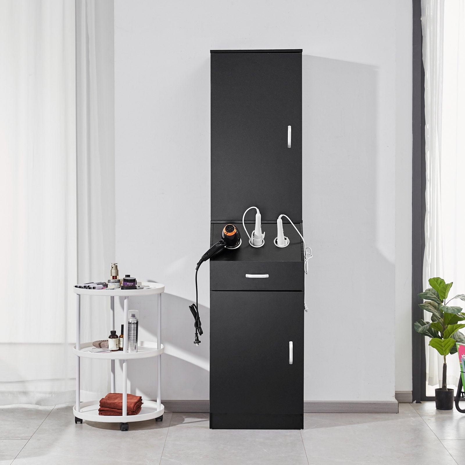 VEVOR Salon Storage Cabinet, Barber Salon Station for Hair Stylist, Hair Stylist Station Set, with 3 Hair Dryer Holders, Cabinets, and A Drawer, Black 