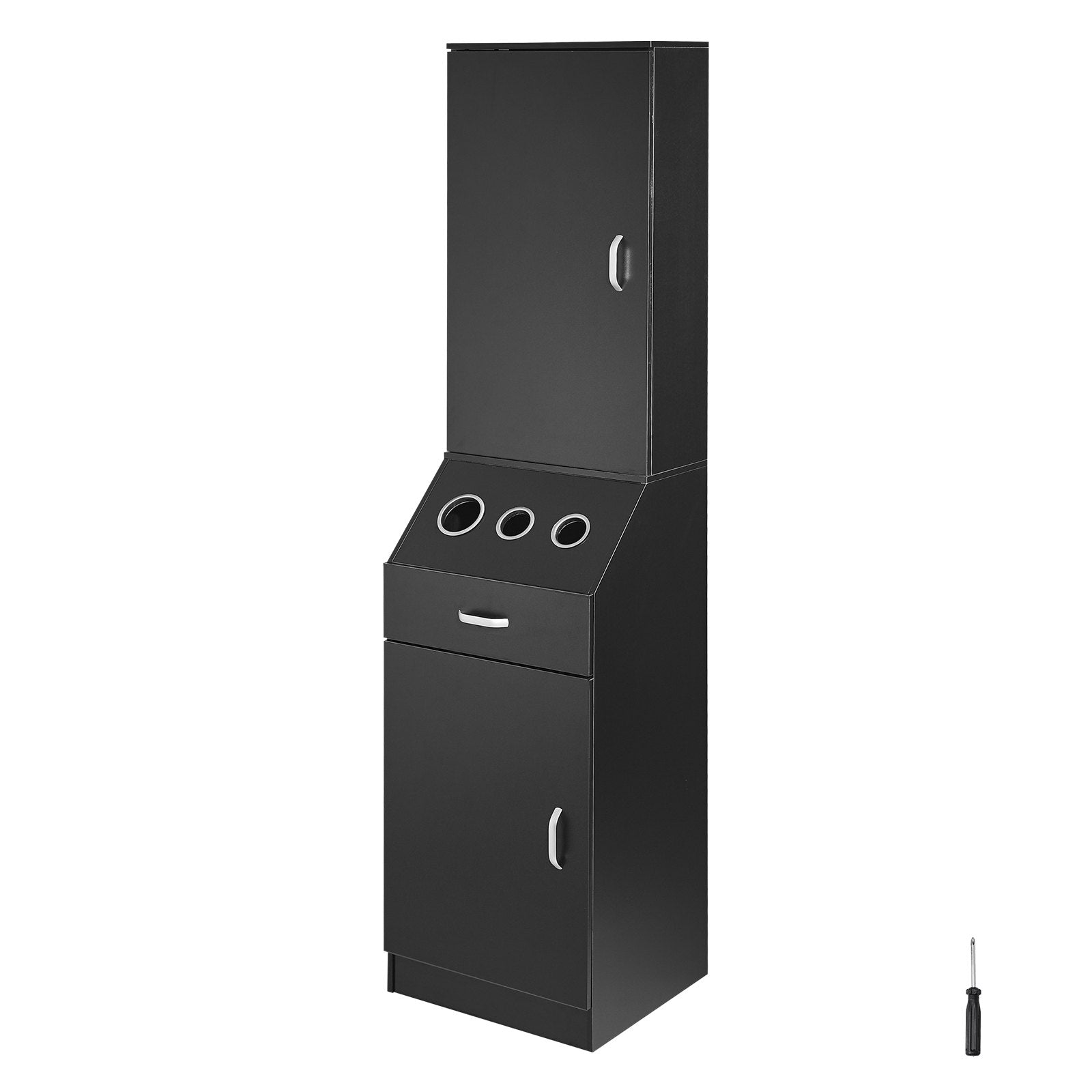 VEVOR Salon Storage Cabinet, Barber Salon Station for Hair Stylist, Hair Stylist Station Set, with 3 Hair Dryer Holders, Cabinets, and A Drawer, Black 