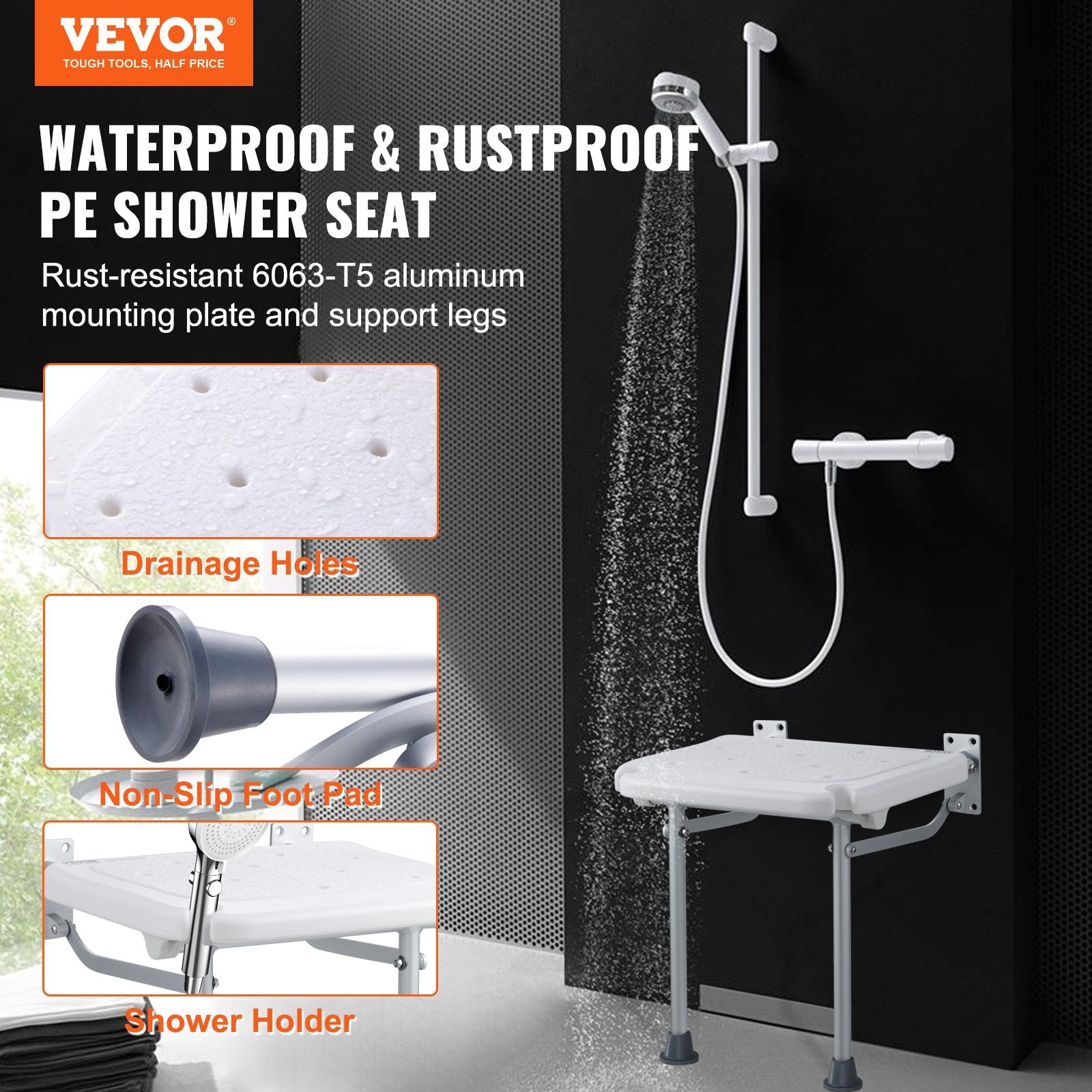 VEVOR Folding PE Shower Seat, 15.7'' x 14.8'' Unfolded, Wall Mounted Fold Up Shower Bench with 500 lbs Load Capacity, Space Saving Fold Down Shower Chair for Seniors Pregnant Women Children Adults 