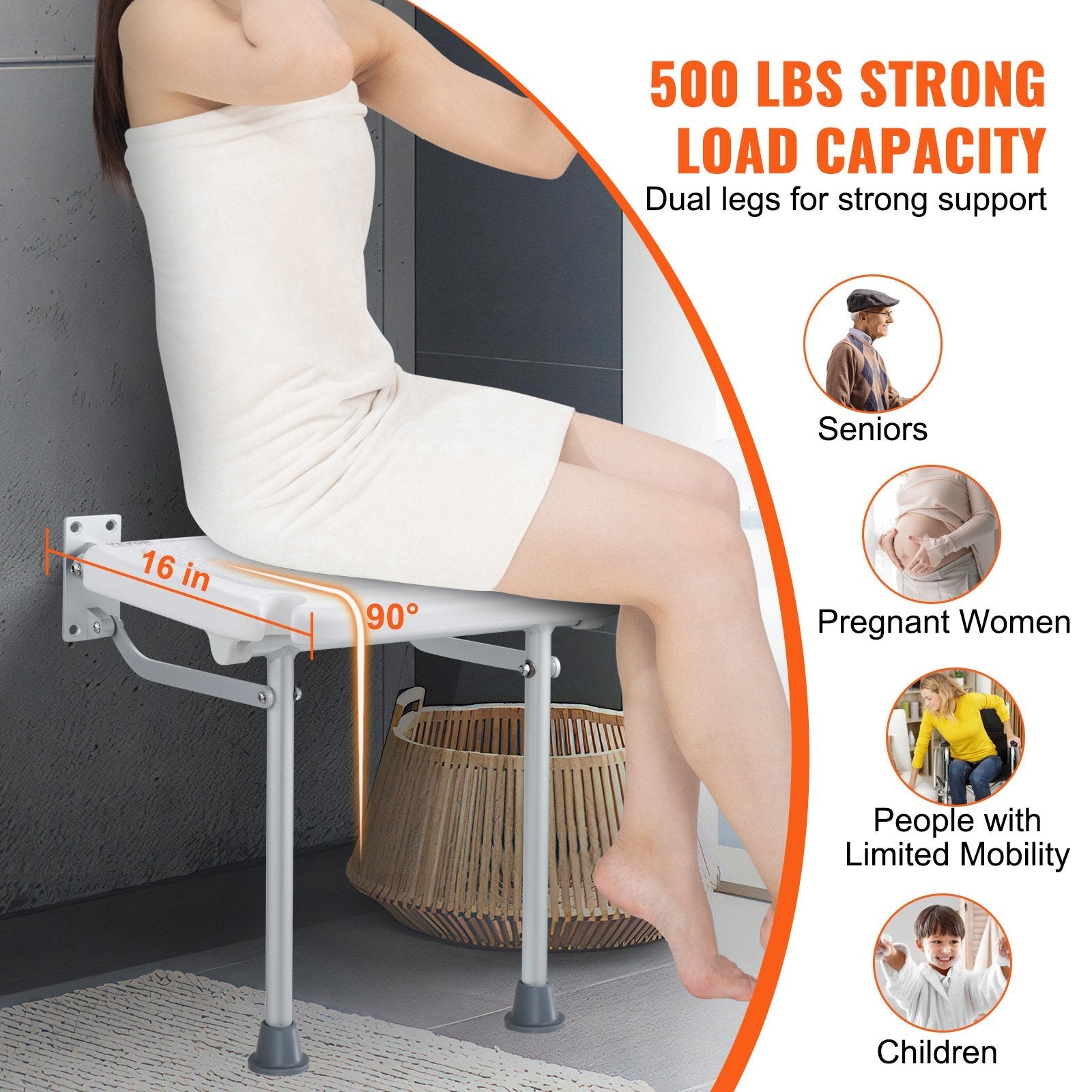 VEVOR Folding PE Shower Seat, 15.7'' x 14.8'' Unfolded, Wall Mounted Fold Up Shower Bench with 500 lbs Load Capacity, Space Saving Fold Down Shower Chair for Seniors Pregnant Women Children Adults 