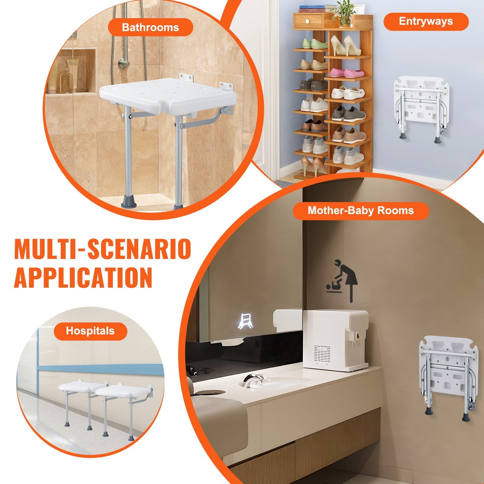 VEVOR Folding PE Shower Seat, 15.7'' x 14.8'' Unfolded, Wall Mounted Fold Up Shower Bench with 500 lbs Load Capacity, Space Saving Fold Down Shower Chair for Seniors Pregnant Women Children Adults 