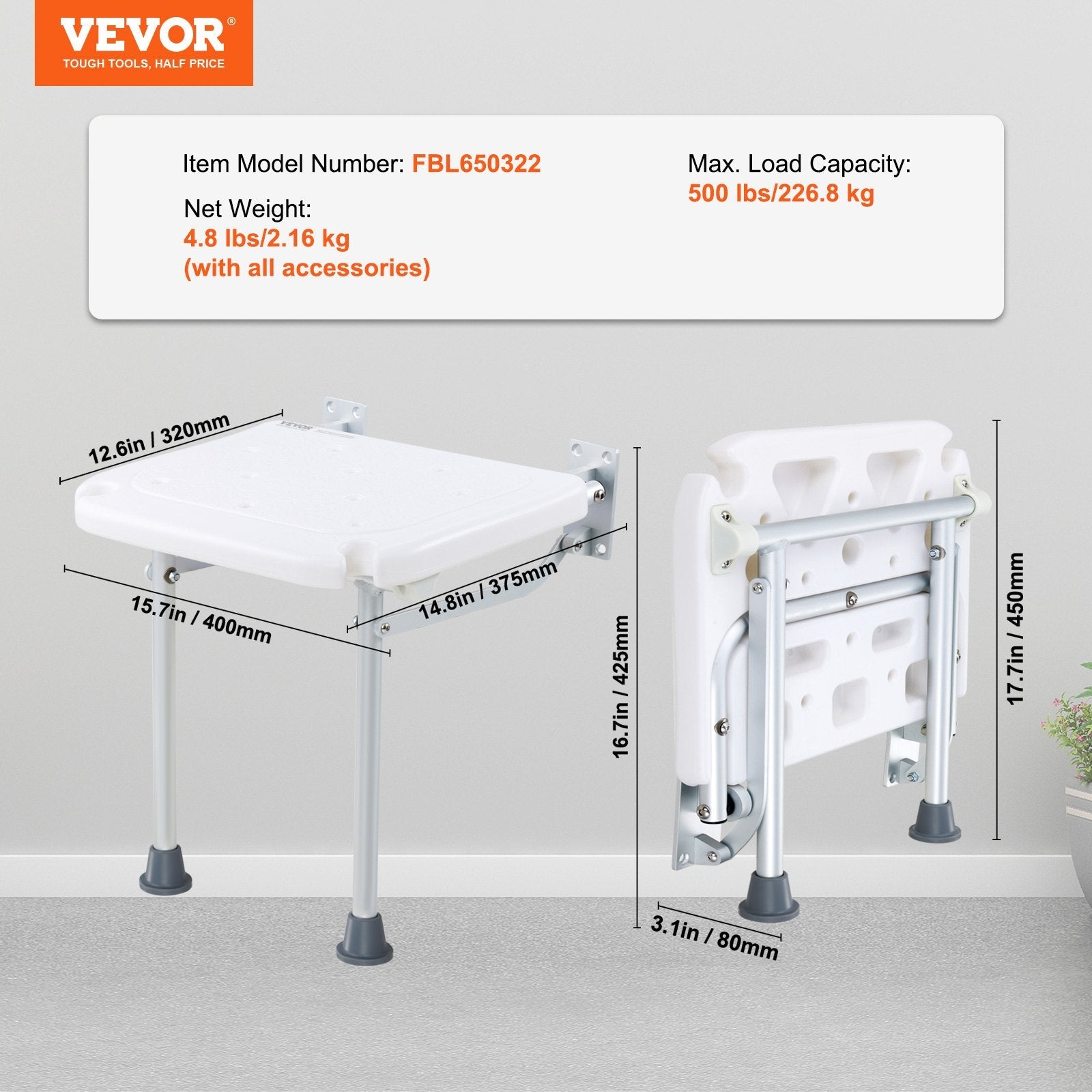 VEVOR Folding PE Shower Seat, 15.7'' x 14.8'' Unfolded, Wall Mounted Fold Up Shower Bench with 500 lbs Load Capacity, Space Saving Fold Down Shower Chair for Seniors Pregnant Women Children Adults 
