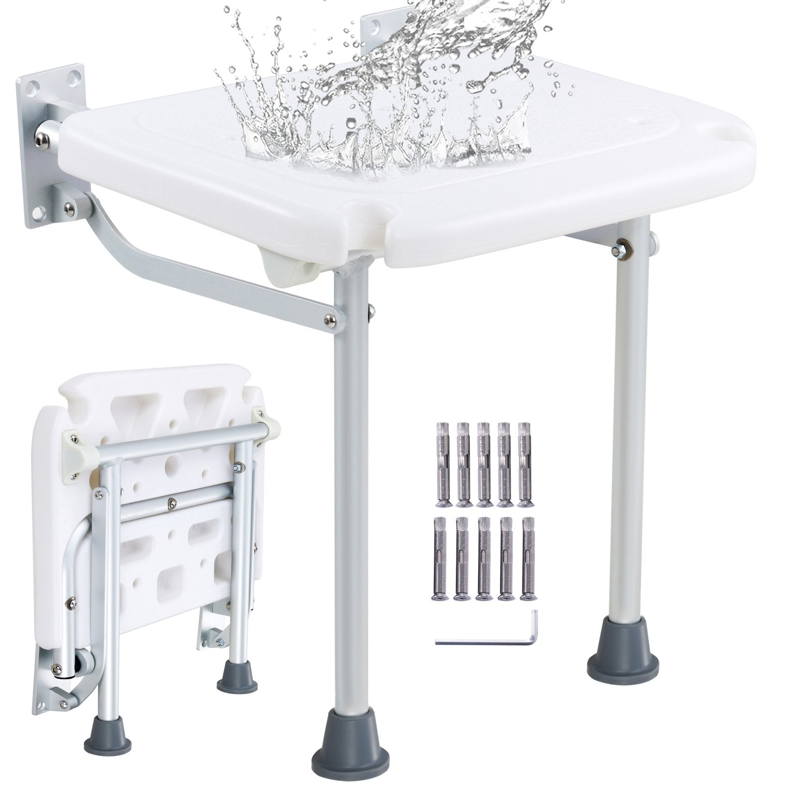 VEVOR Folding PE Shower Seat, 15.7'' x 14.8'' Unfolded, Wall Mounted Fold Up Shower Bench with 500 lbs Load Capacity, Space Saving Fold Down Shower Chair for Seniors Pregnant Women Children Adults 