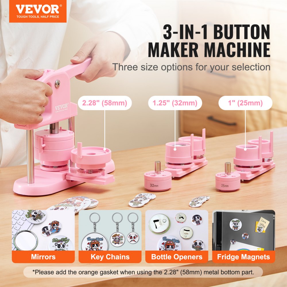 VEVOR Button Maker, 1/1.25/2.28 inch(25/32/58mm) 3-IN-1 Pin Maker, 300pcs Button Parts, Button Maker Machine with Panda Magic Book, Ergonomic Arc Handle Punch Press Kit, For Children DIY Gifts, Pink 