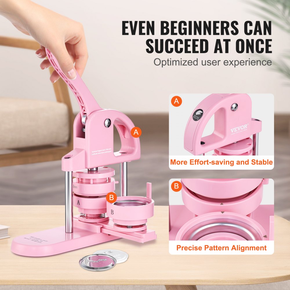 VEVOR Button Maker, 1/1.25/2.28 inch(25/32/58mm) 3-IN-1 Pin Maker, 300pcs Button Parts, Button Maker Machine with Panda Magic Book, Ergonomic Arc Handle Punch Press Kit, For Children DIY Gifts, Pink 
