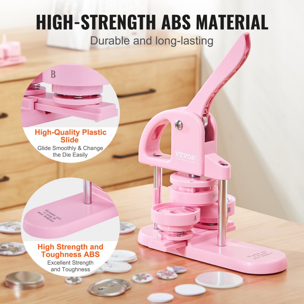VEVOR Button Maker, 1/1.25/2.28 inch(25/32/58mm) 3-IN-1 Pin Maker, 300pcs Button Parts, Button Maker Machine with Panda Magic Book, Ergonomic Arc Handle Punch Press Kit, For Children DIY Gifts, Pink 