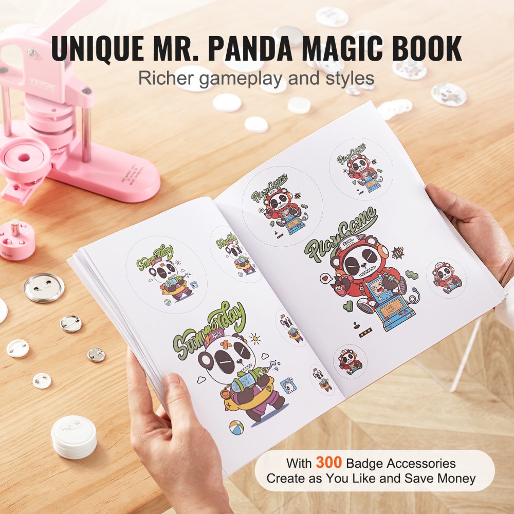 VEVOR Button Maker, 1/1.25/2.28 inch(25/32/58mm) 3-IN-1 Pin Maker, 300pcs Button Parts, Button Maker Machine with Panda Magic Book, Ergonomic Arc Handle Punch Press Kit, For Children DIY Gifts, Pink 