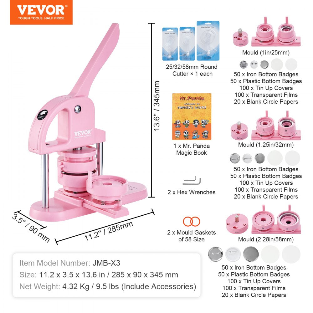 VEVOR Button Maker, 1/1.25/2.28 inch(25/32/58mm) 3-IN-1 Pin Maker, 300pcs Button Parts, Button Maker Machine with Panda Magic Book, Ergonomic Arc Handle Punch Press Kit, For Children DIY Gifts, Pink 