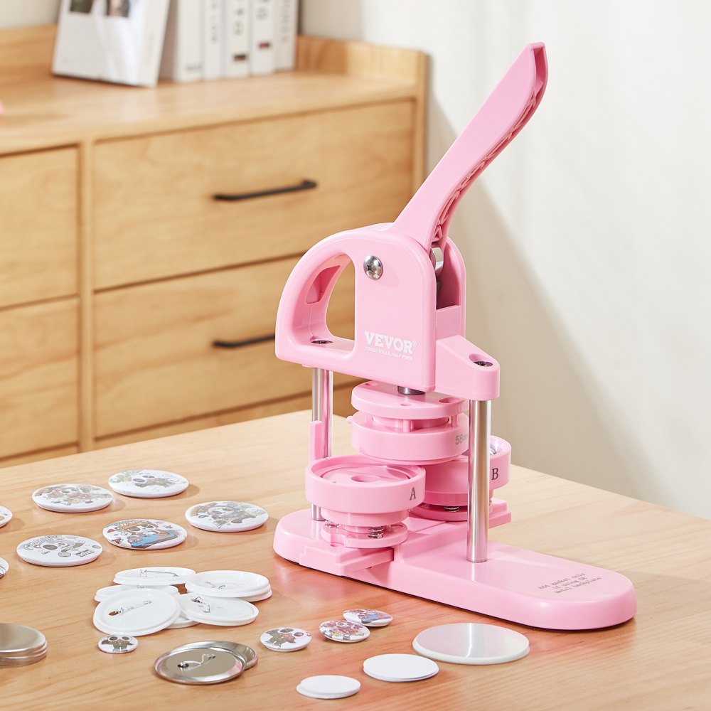 VEVOR Button Maker, 1/1.25/2.28 inch(25/32/58mm) 3-IN-1 Pin Maker, 300pcs Button Parts, Button Maker Machine with Panda Magic Book, Ergonomic Arc Handle Punch Press Kit, For Children DIY Gifts, Pink 