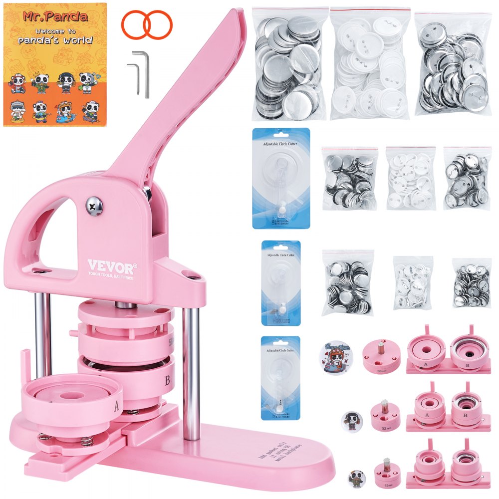 VEVOR Button Maker, 1/1.25/2.28 inch(25/32/58mm) 3-IN-1 Pin Maker, 300pcs Button Parts, Button Maker Machine with Panda Magic Book, Ergonomic Arc Handle Punch Press Kit, For Children DIY Gifts, Pink 