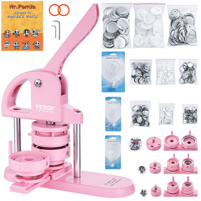 VEVOR Button Maker, 1/1.25/2.28 inch(25/32/58mm) 3-IN-1 Pin Maker, 300pcs Button Parts, Button Maker Machine with Panda Magic Book, Ergonomic Arc Handle Punch Press Kit, For Children DIY Gifts, Pink 