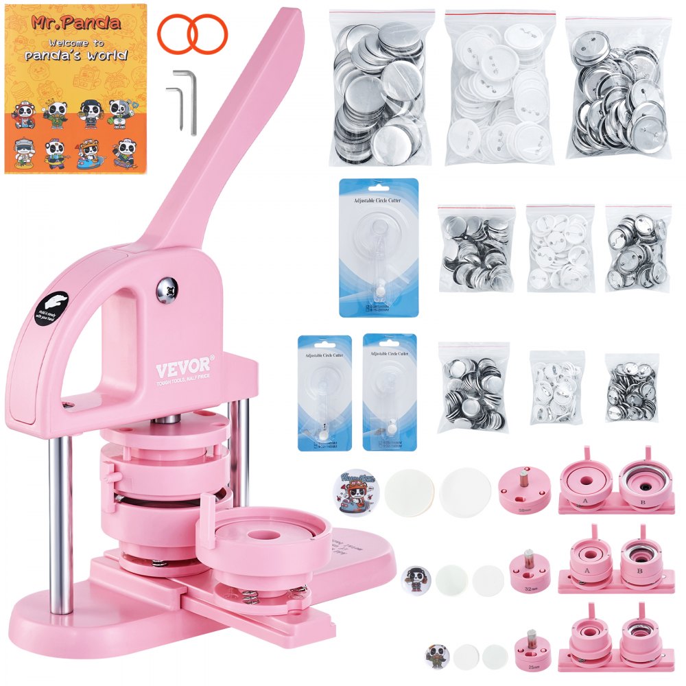 VEVOR Button Maker, 1/1.25/2.28 inch(25/32/58mm) 3-IN-1 Pin Maker, 300pcs Button Parts, Button Maker Machine with Panda Magic Book, Ergonomic Arc Handle Punch Press Kit, For Children DIY Gifts, Pink 