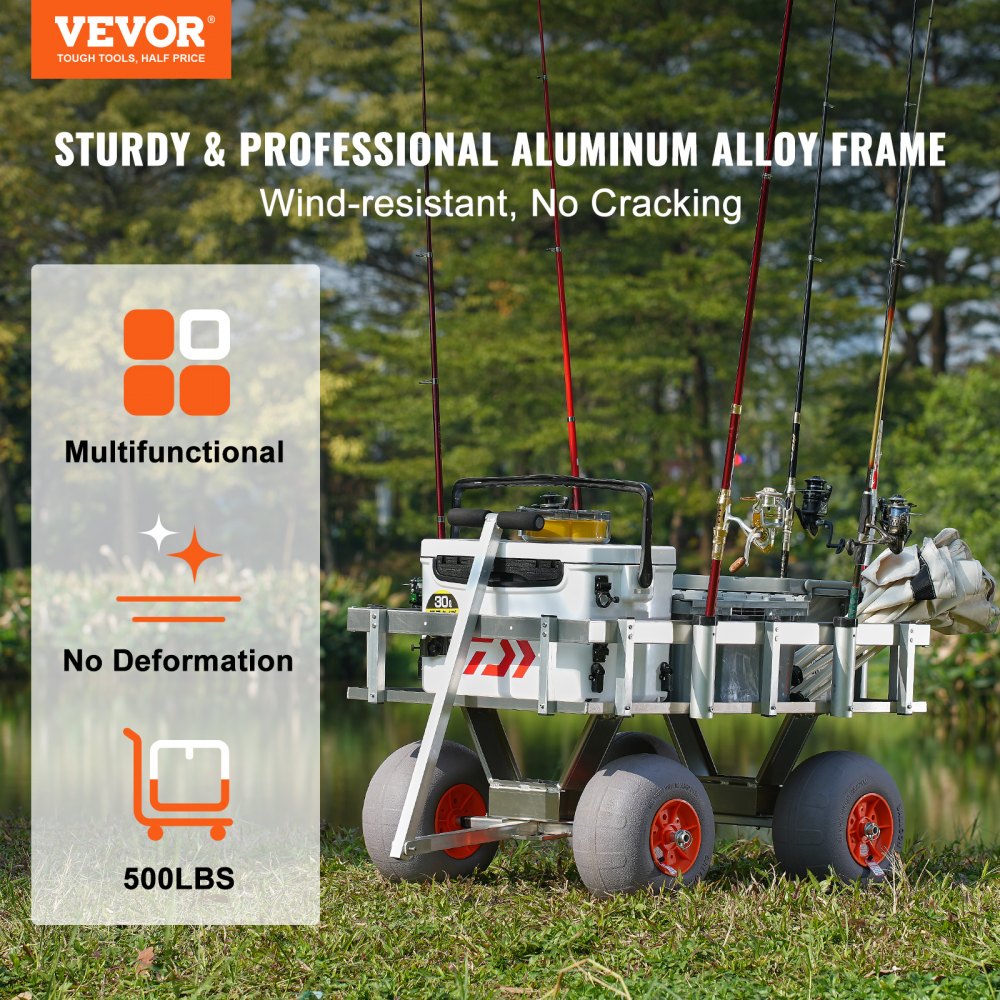 VEVOR Beach Fishing Cart, 500 lbs Load Capacity, Fish and Marine Cart with Four 13" Big Wheels PU Balloon Tires for Sand, Heavy-Duty Aluminum Pier Wagon Trolley with 6 Rod Holders for Fishing, Picnic 