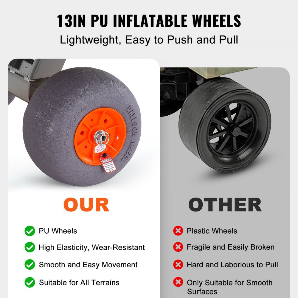 VEVOR Beach Fishing Cart, 500 lbs Load Capacity, Fish and Marine Cart with Four 13" Big Wheels PU Balloon Tires for Sand, Heavy-Duty Aluminum Pier Wagon Trolley with 6 Rod Holders for Fishing, Picnic 