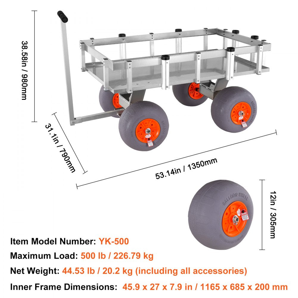 VEVOR Beach Fishing Cart, 500 lbs Load Capacity, Fish and Marine Cart with Four 13" Big Wheels PU Balloon Tires for Sand, Heavy-Duty Aluminum Pier Wagon Trolley with 6 Rod Holders for Fishing, Picnic 