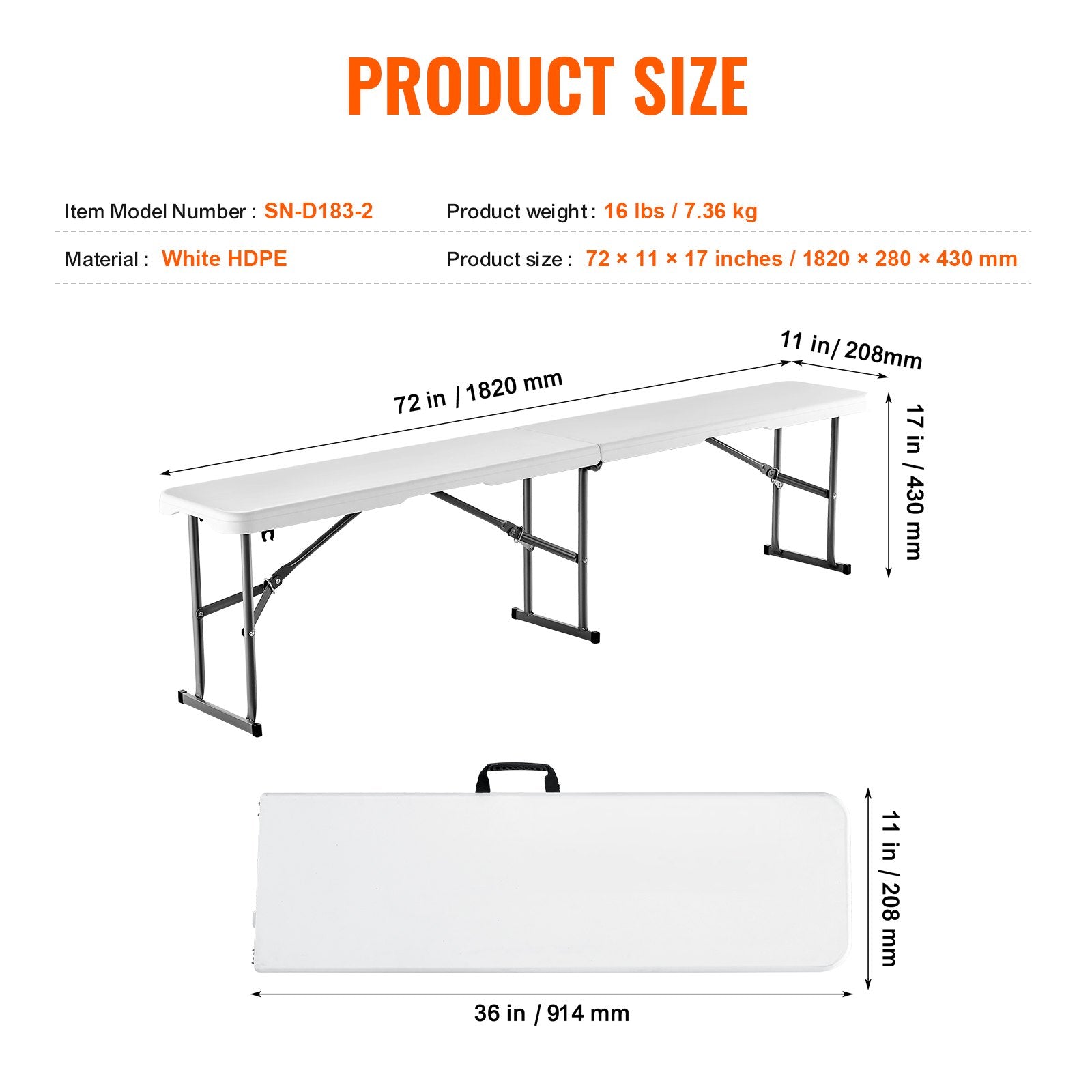 VEVOR 6FT Plastic Folding Bench Portable Outdoor Bench for Picnic Camping Garden 