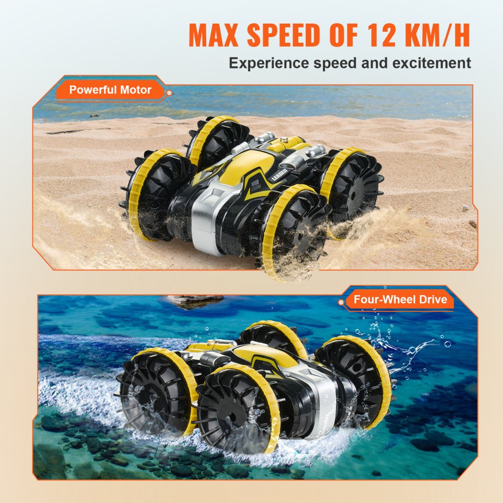 VEVOR Amphibious Remote Control Car Boat 2.4 GHz 4WD RC Boat Kids Adults Yellow 