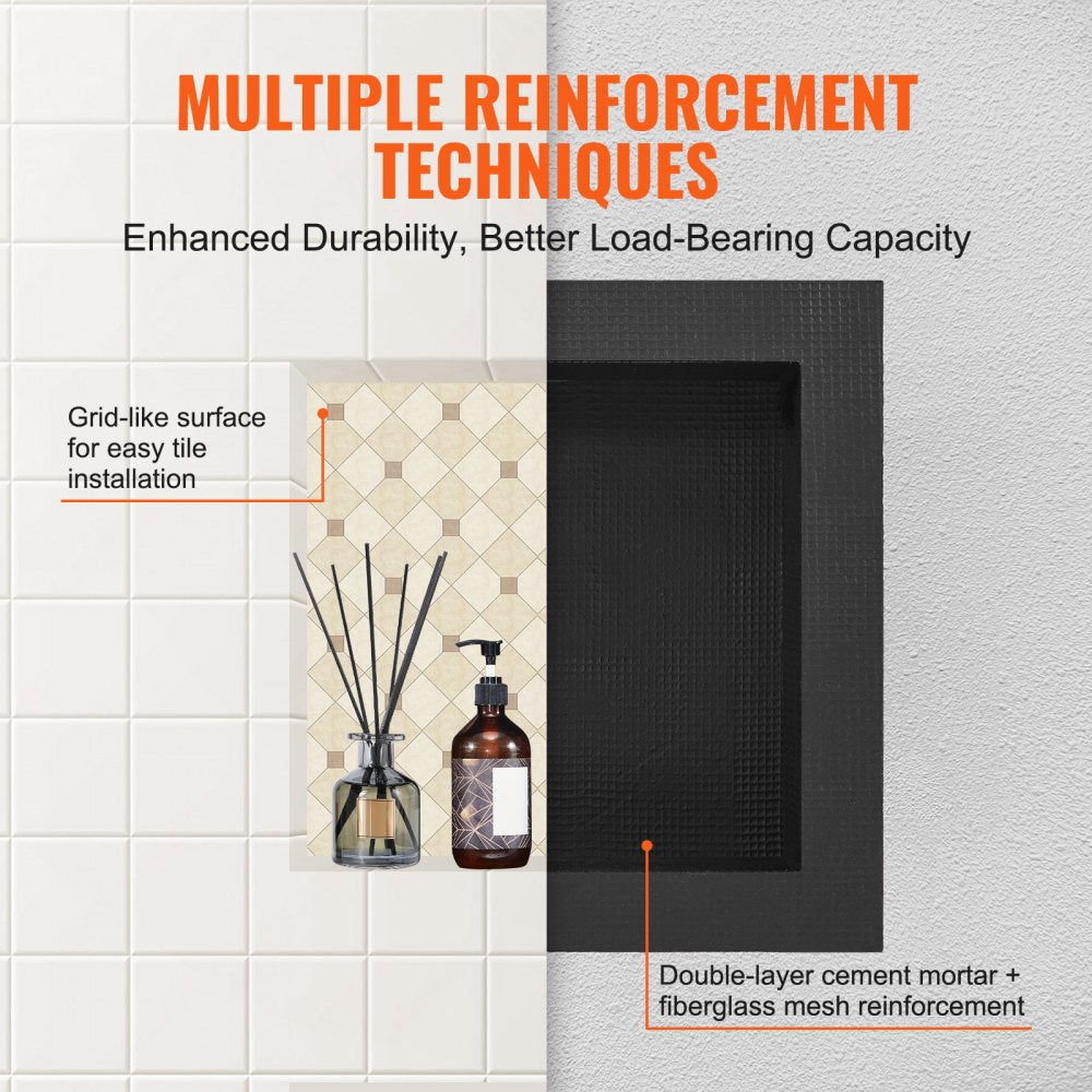 VEVOR Shower Niche Ready for Tile 16" x 16", Single Shelf Organizer, Square Corners Wall-inserted Niche Recessed, Sealed Protection Modern Soap Storage Niche for Shower Bathroom, Black 