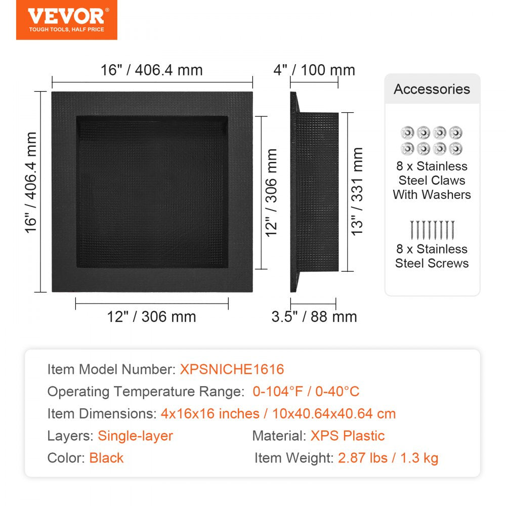 VEVOR Shower Niche Ready for Tile 16" x 16", Single Shelf Organizer, Square Corners Wall-inserted Niche Recessed, Sealed Protection Modern Soap Storage Niche for Shower Bathroom, Black 