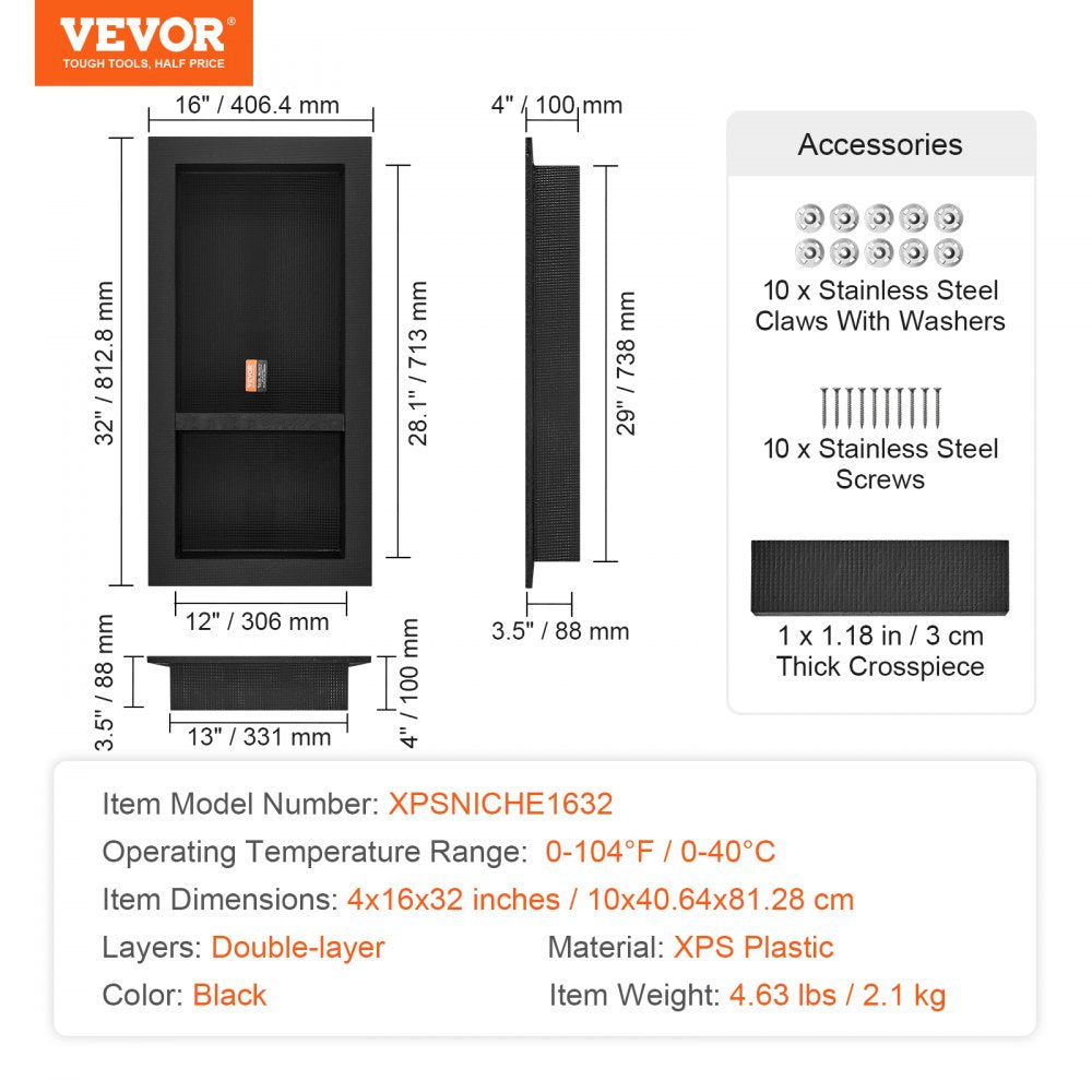 VEVOR Shower Niche Ready for Tile 16" x 24", Double Shelf Organizer, Square Corners Wall-inserted Niche Recessed, Sealed Protection Modern Soap Storage Niche for Shower Bathroom, Black 